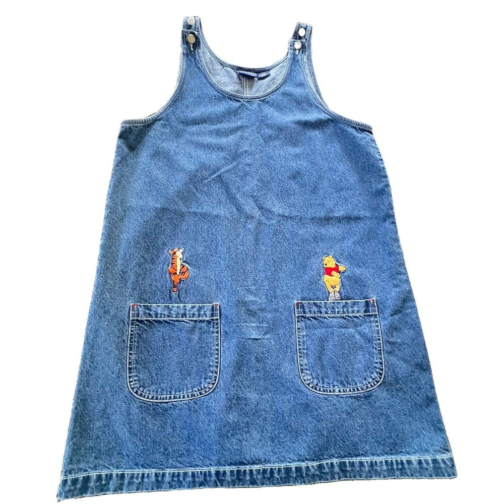 Vintage 90s Mom Winnie The Pooh Tigger Denim Overall Dress Embroidered L